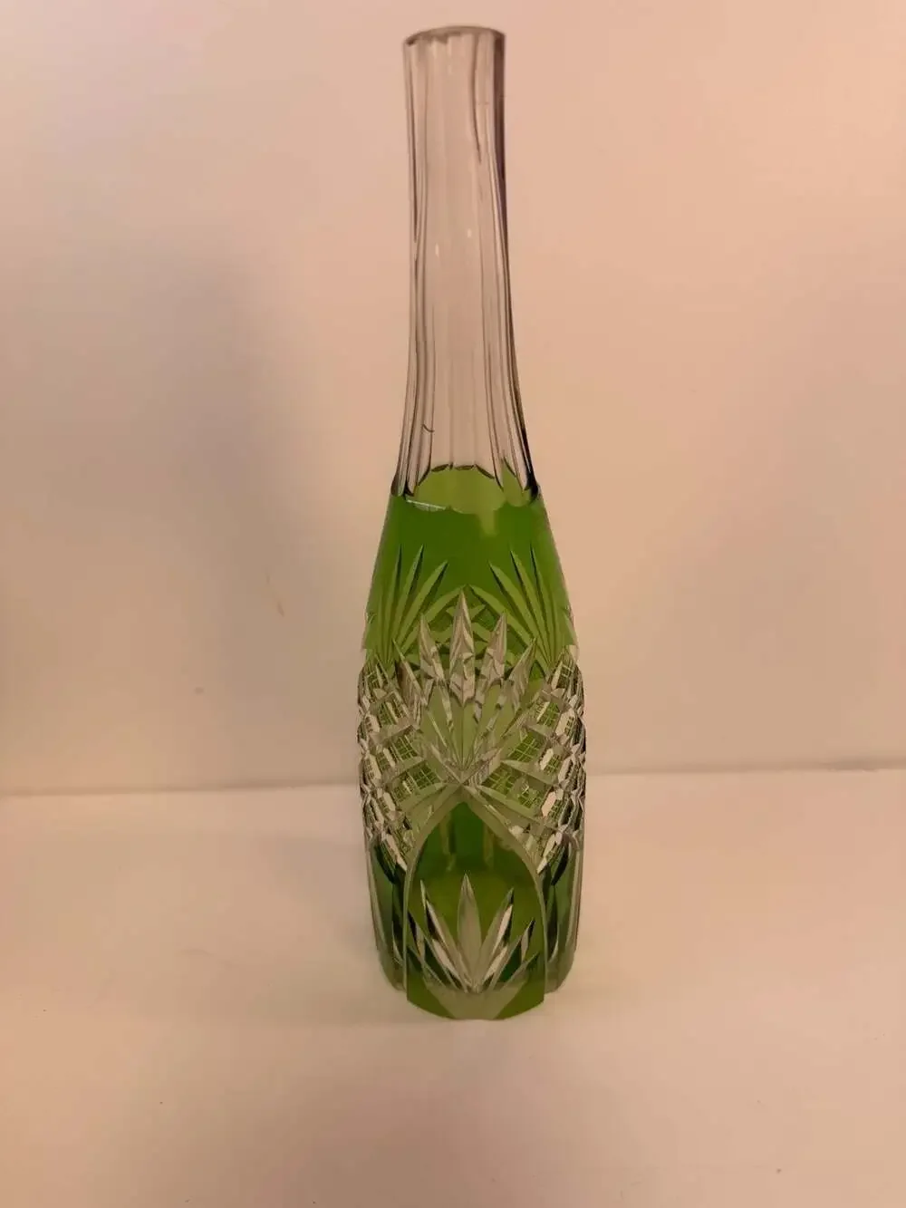 Vintage Bohemian Green Cut-to-Clear Crystal Decanter